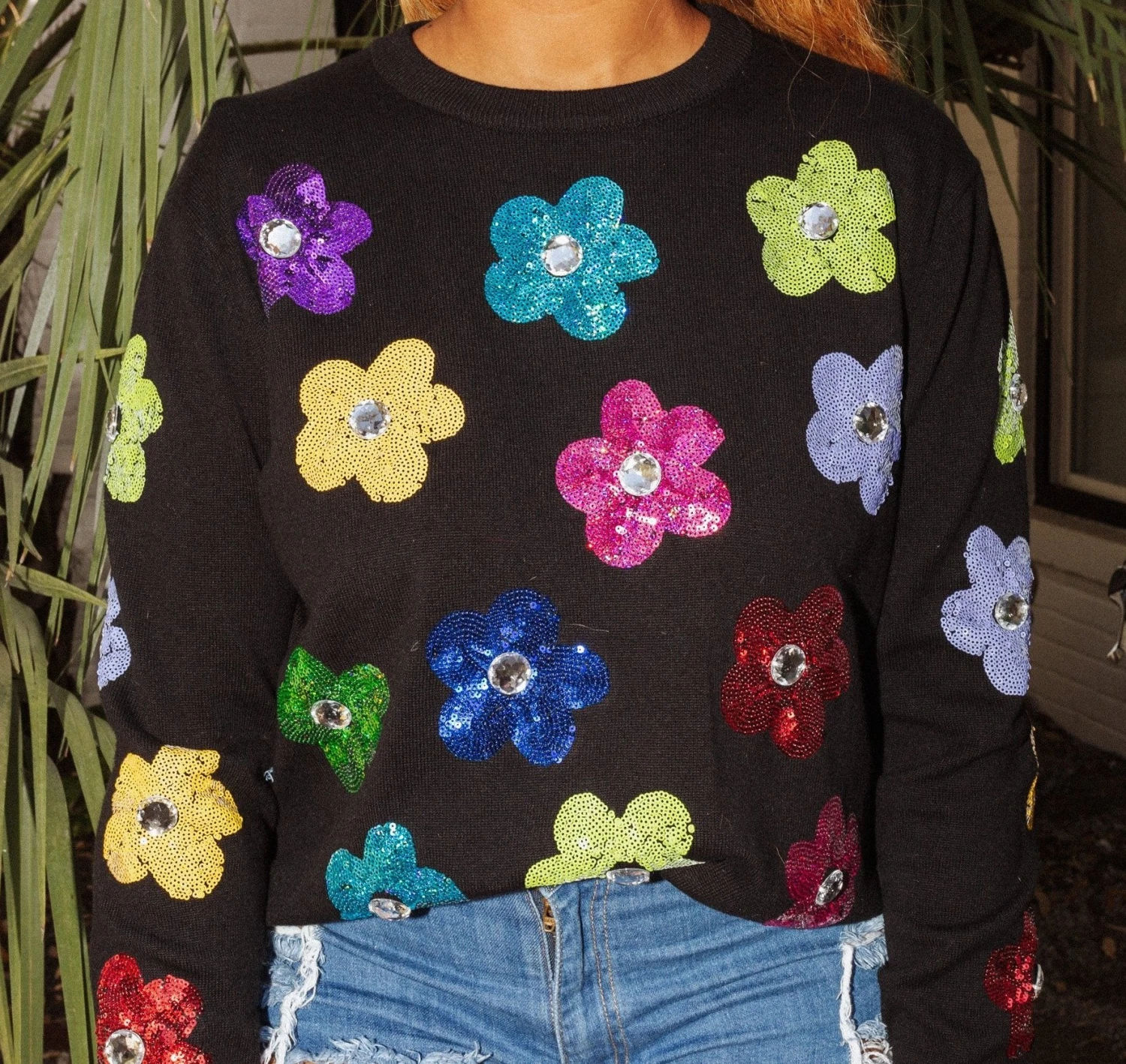 Queen Of Sparkles Rainbow Sequin Flower Sweater - Image 3