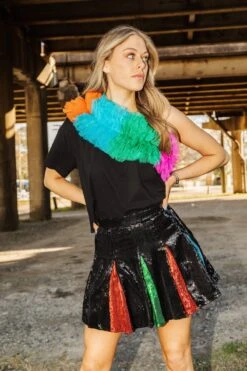 Black Rainbow Ruffle One Shoulder