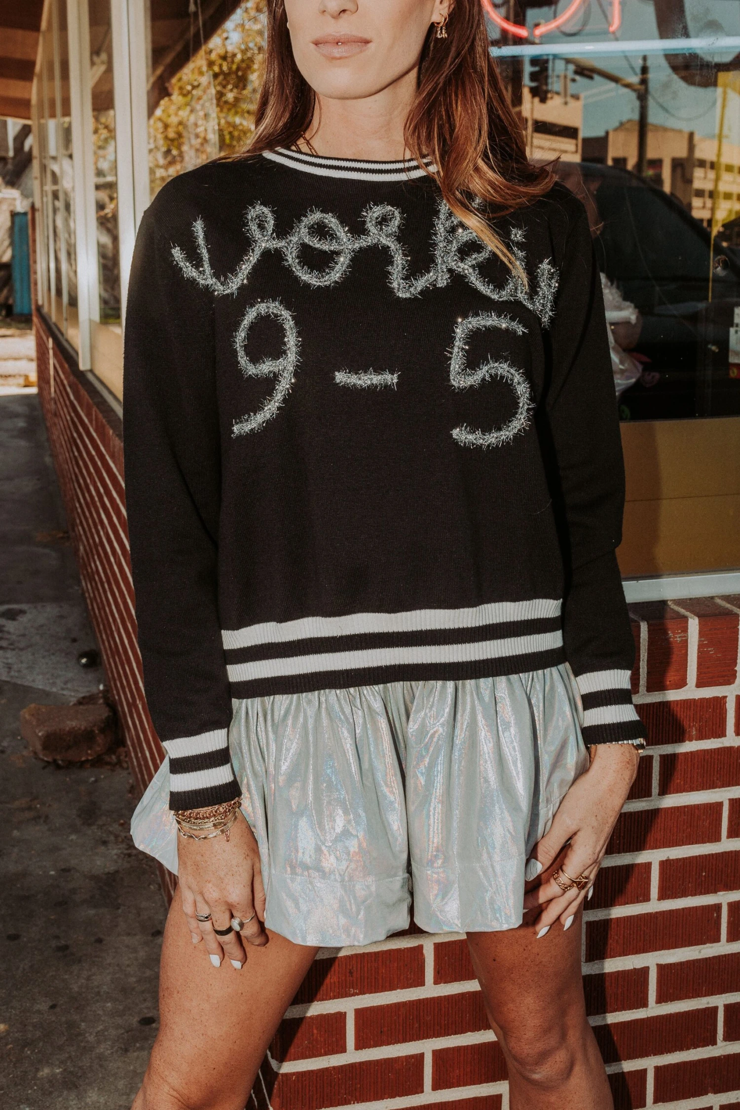 Workin' 9-5 Glitter Script Sweater - Image 3