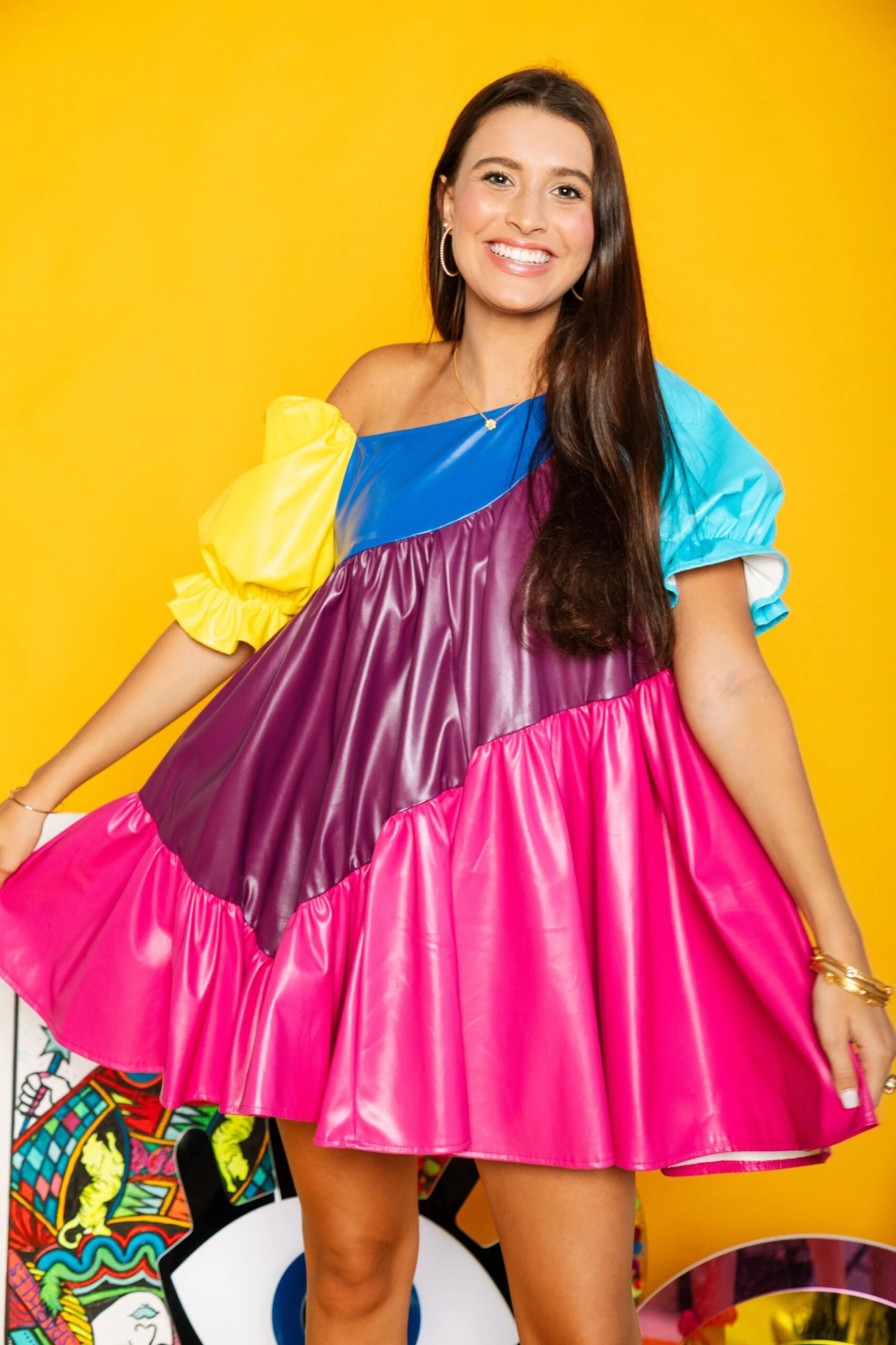 Queen Of Sparkles Colorblock Asymmetrical Leather Dress - Image 3