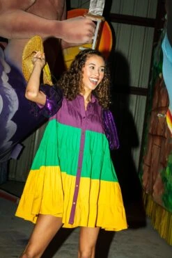 Queen Of Sparkles Purple Mardi Gras Sequin Sleeve Tier Dress