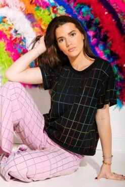 Black Rhinestone Plaid Tee