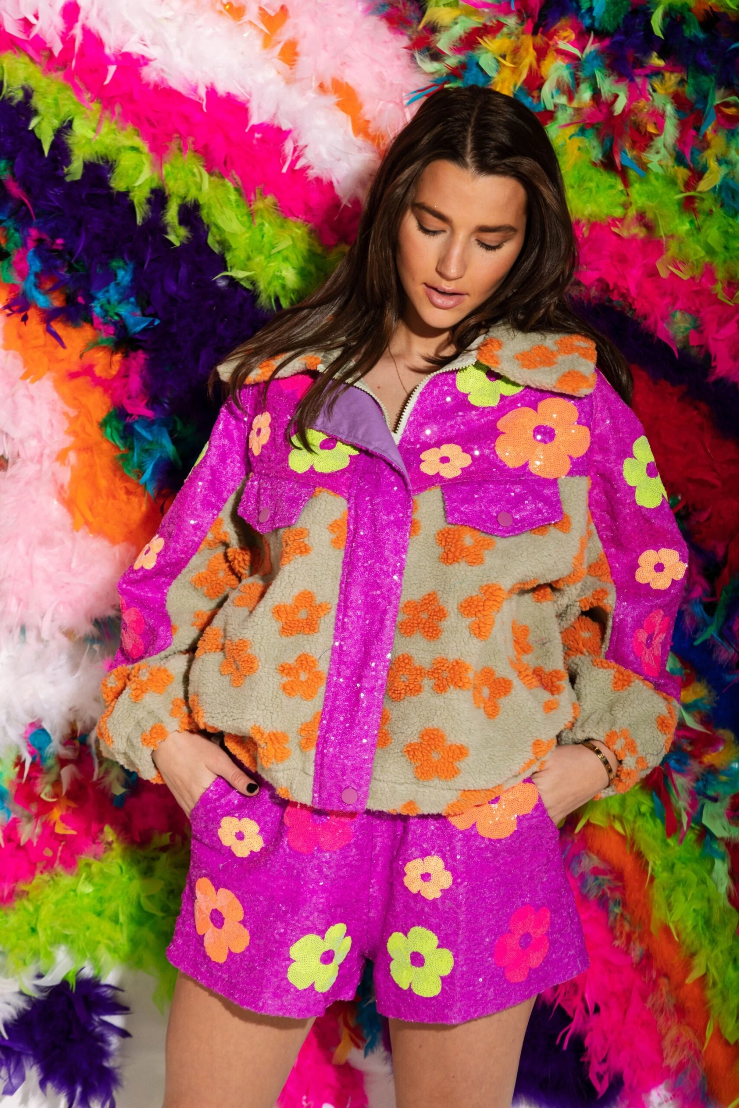 Queen Of Sparkles Neon Purple Sequin Flower Shorts