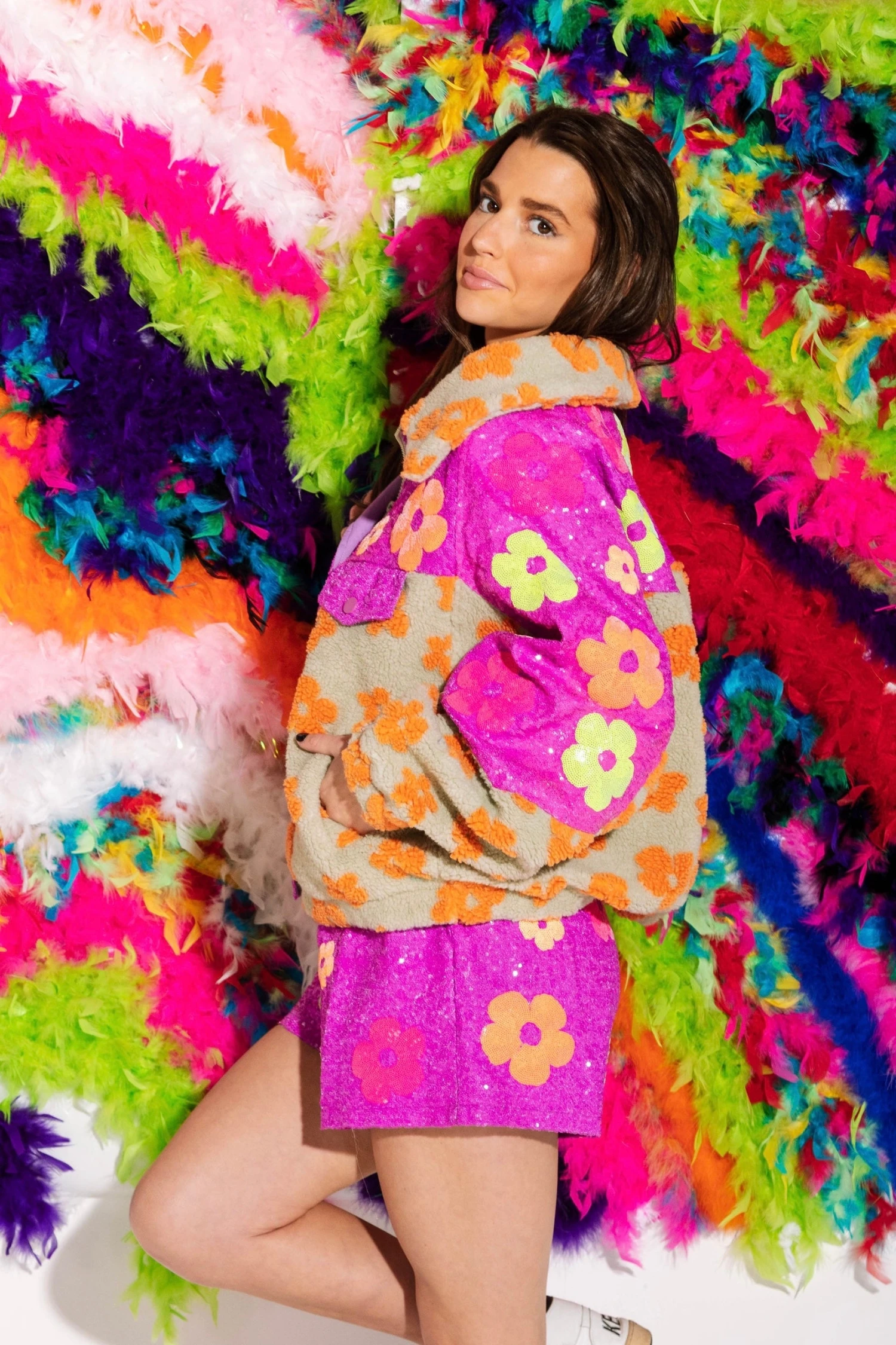 Queen Of Sparkles Neon Purple Sequin Flower Shorts - Image 3