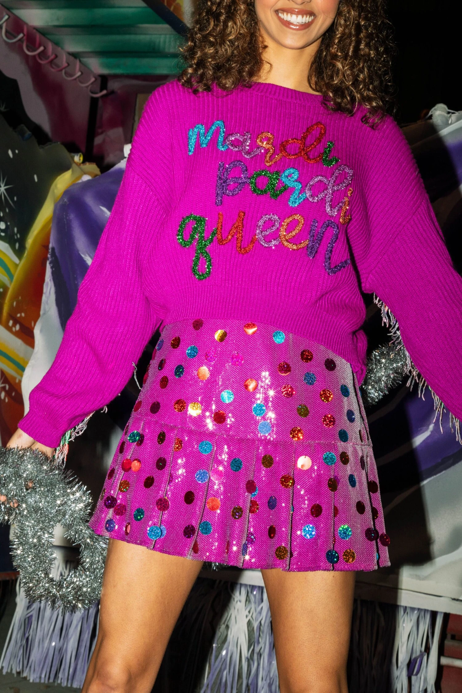 Queen Of Sparkles Purple Mardi Pardi Queen Sweater - Image 3