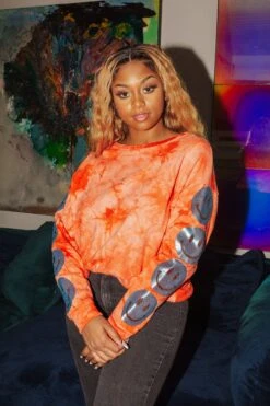 Smiley Sequin Sleeve Sweatshirt Red Tie Dye