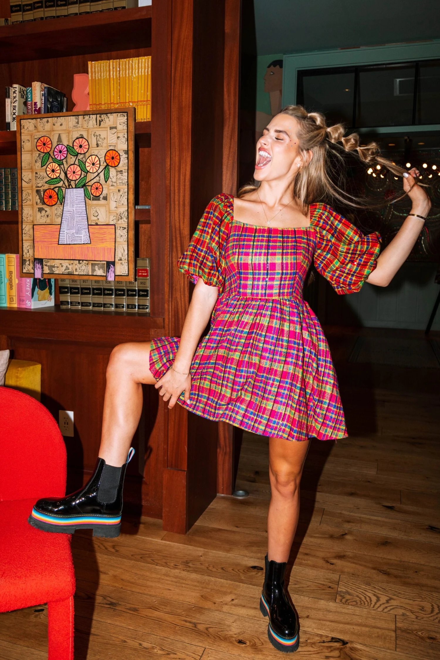 Queen Of Sparkles Hot Pink Plaid Poof Sleeve Dress