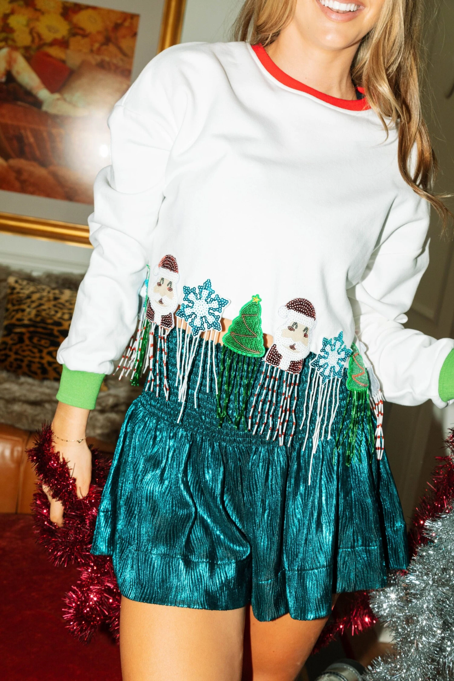 Queen Of Sparkles Teal Wavy Swing Shorts