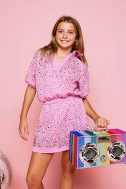 Queen Of Sparkles Kids Pink Scattered Rhinestone Collar Dress