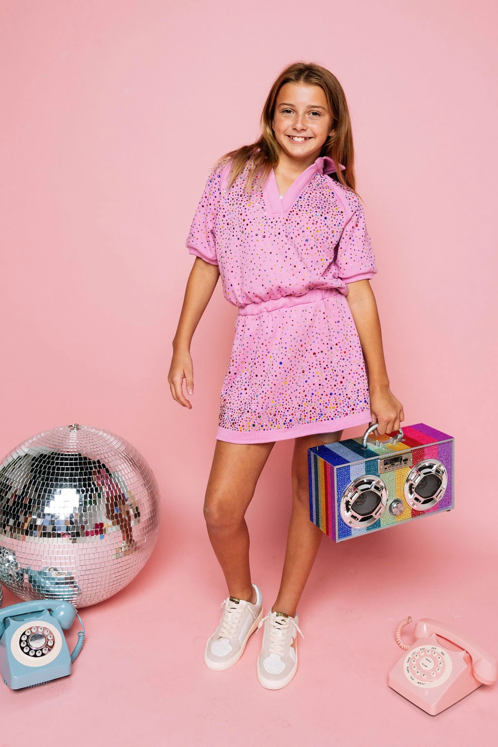 Queen Of Sparkles Kids Pink Scattered Rhinestone Collar Dress - Image 2