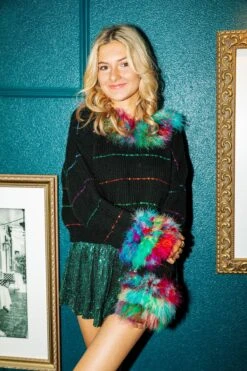 Queen Of Sparkles Black Sequin Stripe Feather Sweater