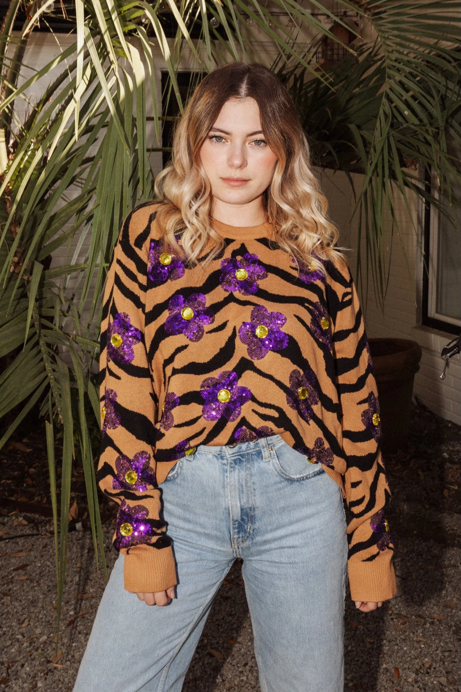 Queen Of Sparkles Tiger Print Sequin Flower Sweater - Image 2