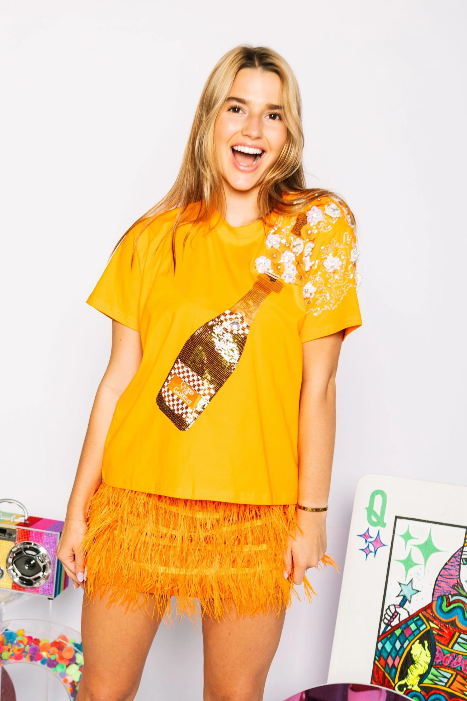 Queen Of Sparkles Orange & White Checkered Popping Champagne Tee - Image 4