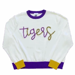 Queen Of Sparkles Glitter Script White W/ Purple & Gold "Tigers" Long Sleeve Sweater