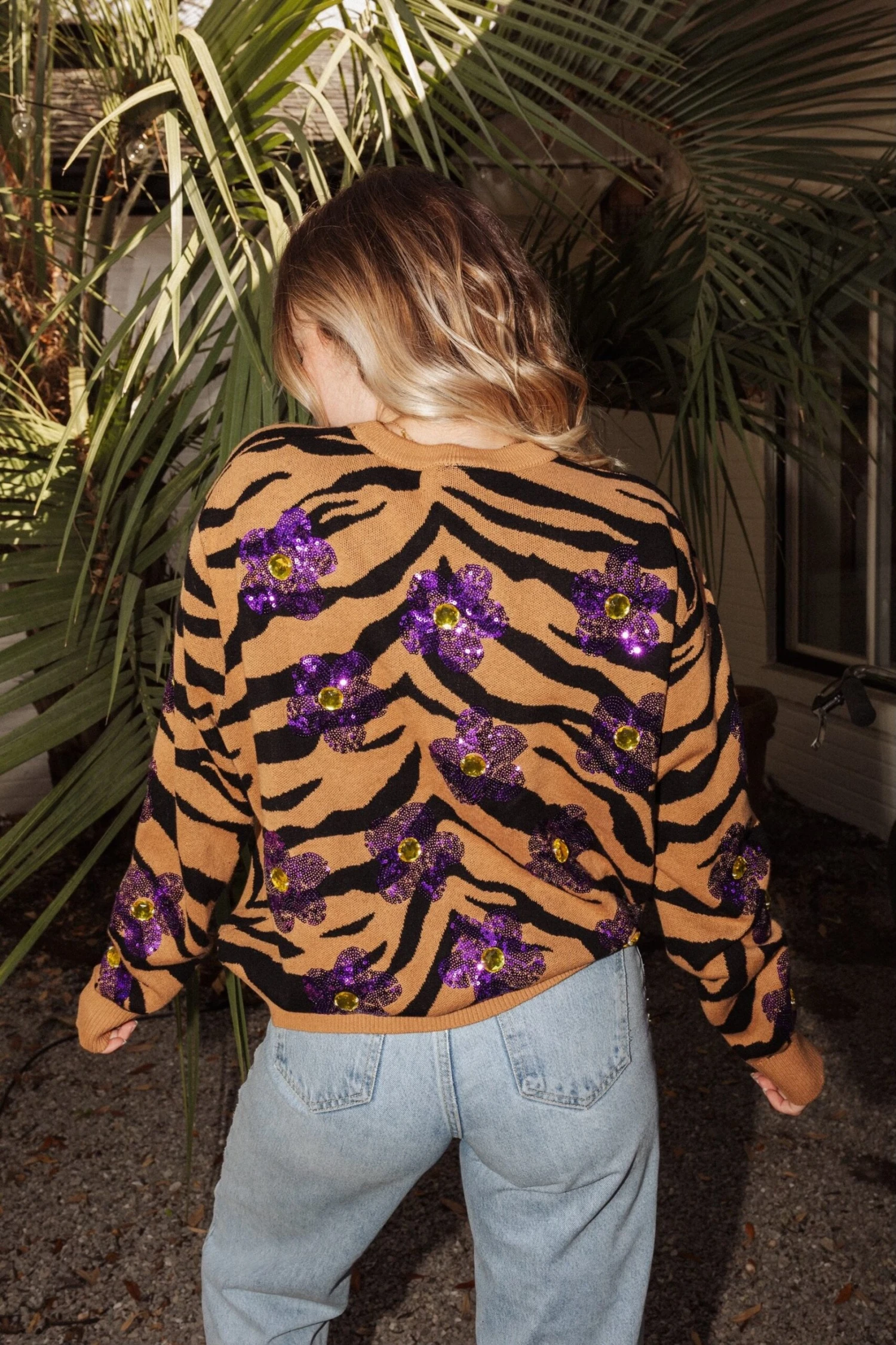 Queen Of Sparkles Tiger Print Sequin Flower Sweater - Image 3