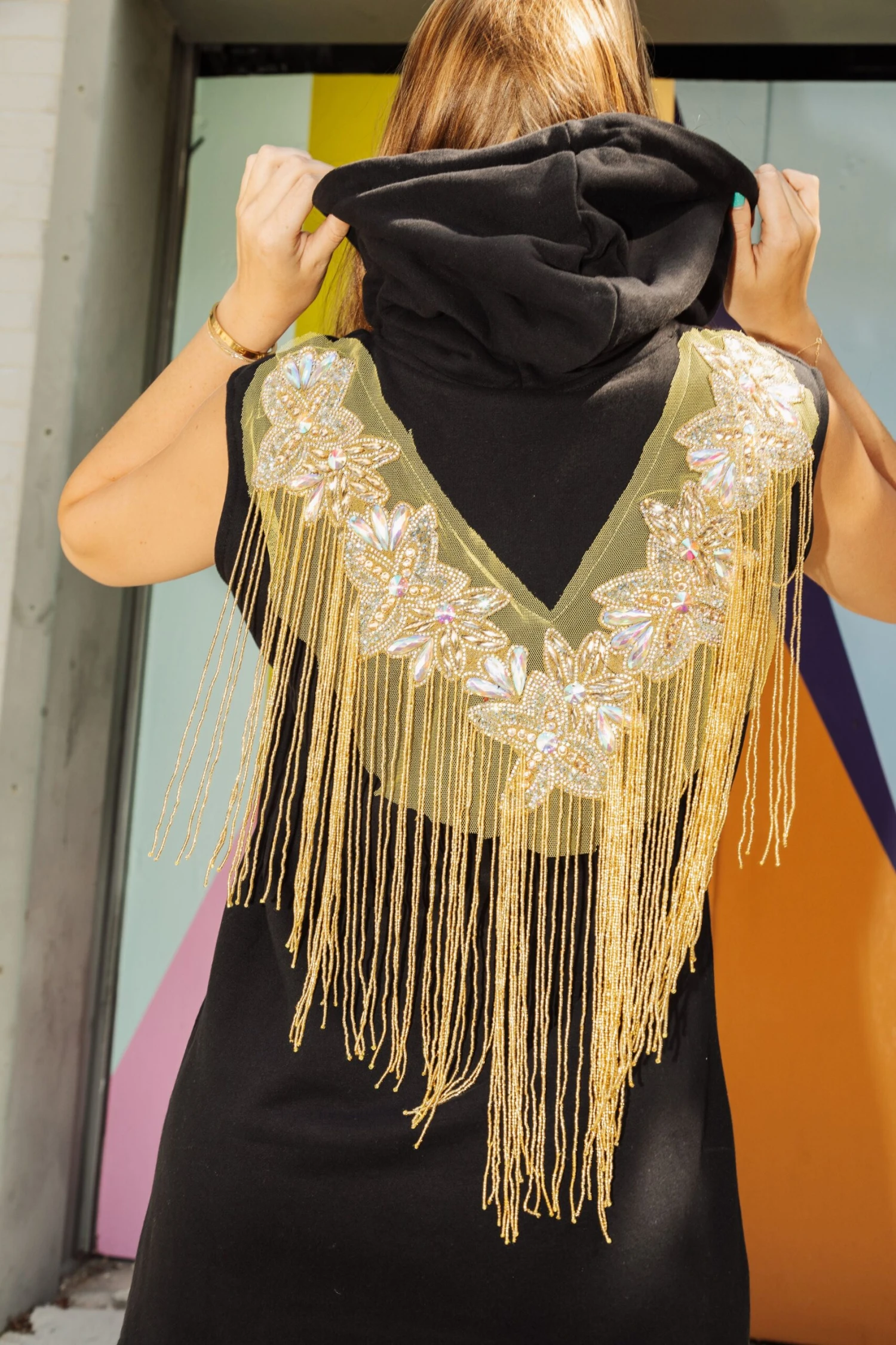 Queen Of Sparkles Black & Gold Bead Fringe Hoodie Dress - Image 3
