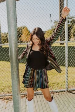 Queen Of Sparkles Black Sequin Rhinestone Stripe Swing Shorts