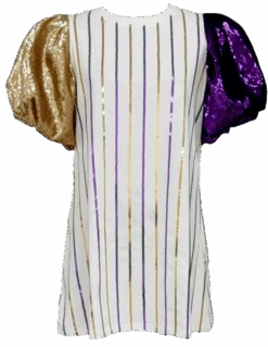 Queen Of Sparkles Purple & Gold Stripe Poof Sequin Sleeve Dress