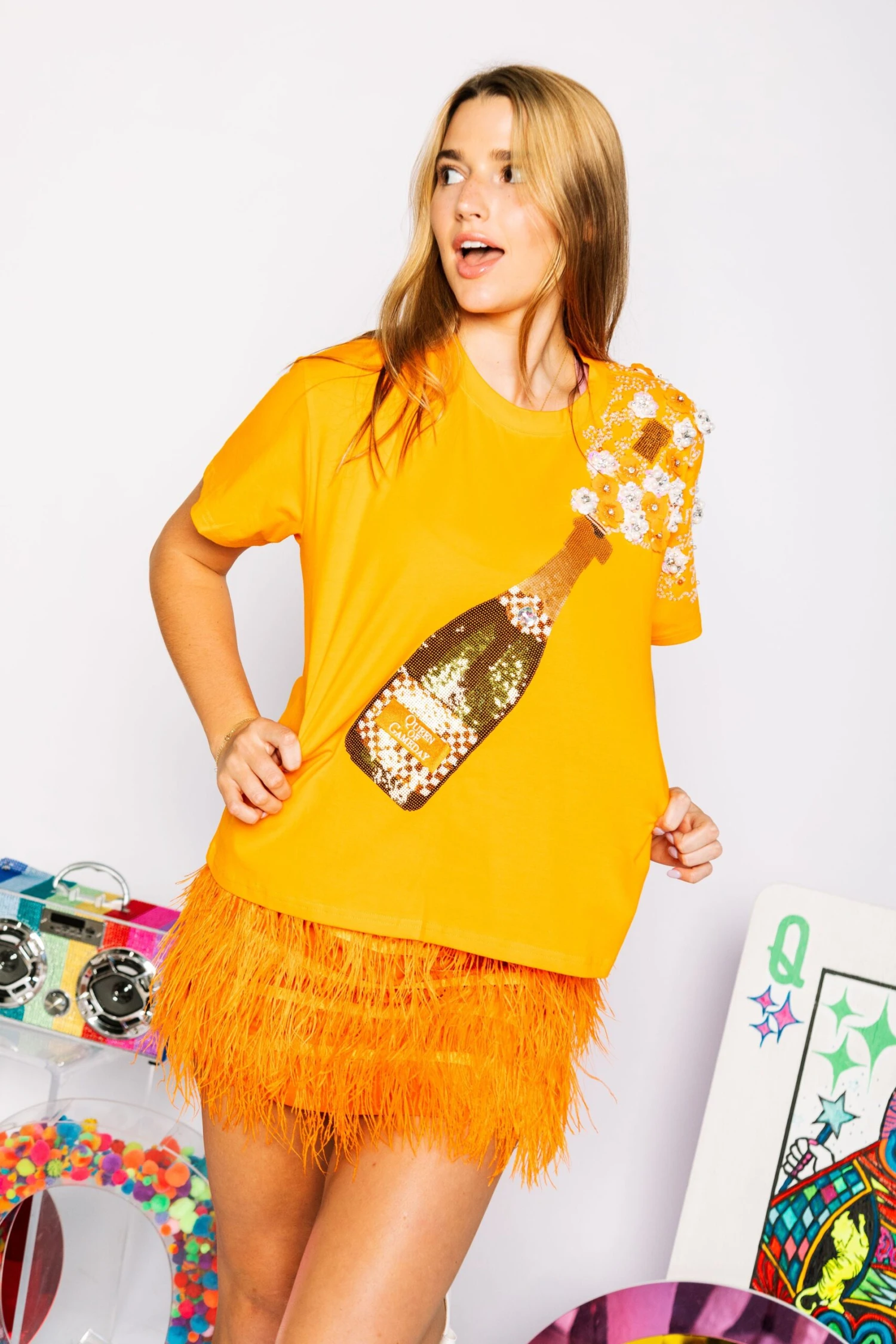 Queen Of Sparkles Orange & White Checkered Popping Champagne Tee