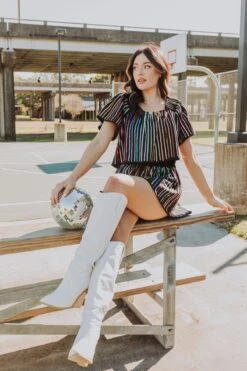 Queen Of Sparkles Black Sequin Rhinestone Stripe Flutter Top