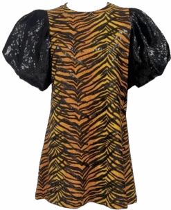 Queen Of Sparkles Tiger Print Poof Sequin Sleeve Dress