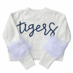 Queen Of Sparkles Navy “Tigers” Feather Sleeve Sweater