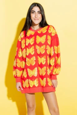 Queen Of Sparkles Red & Yellow Butterfly Sweatshirt Dress