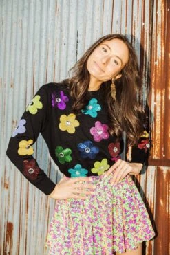 Queen Of Sparkles Rainbow Sequin Flower Sweater