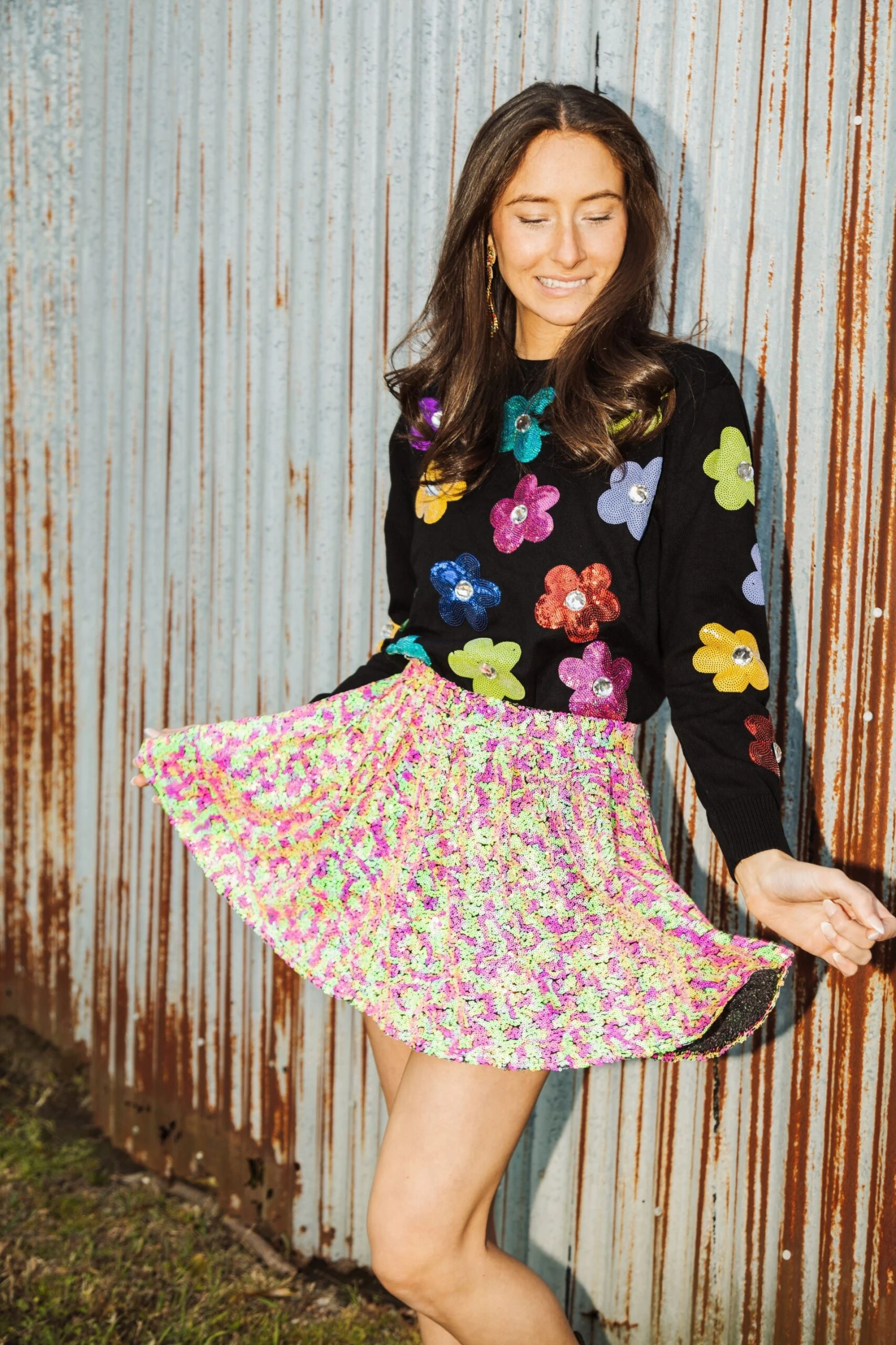 Queen Of Sparkles Neon Sequin Pleat Mini Skirt