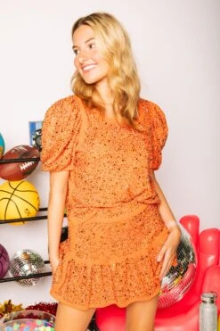 Queen Of Sparkles Burnt Orange Rhinestone Poof Sleeve Top