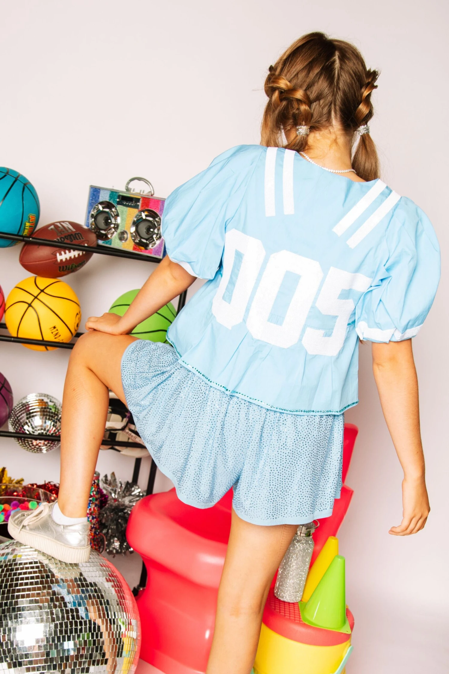 Queen Of Sparkles Light Blue & White QOS Jersey Peplum Top - Image 2