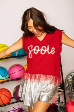 Queen Of Sparkles Red Feather Sweater Tank With Pig