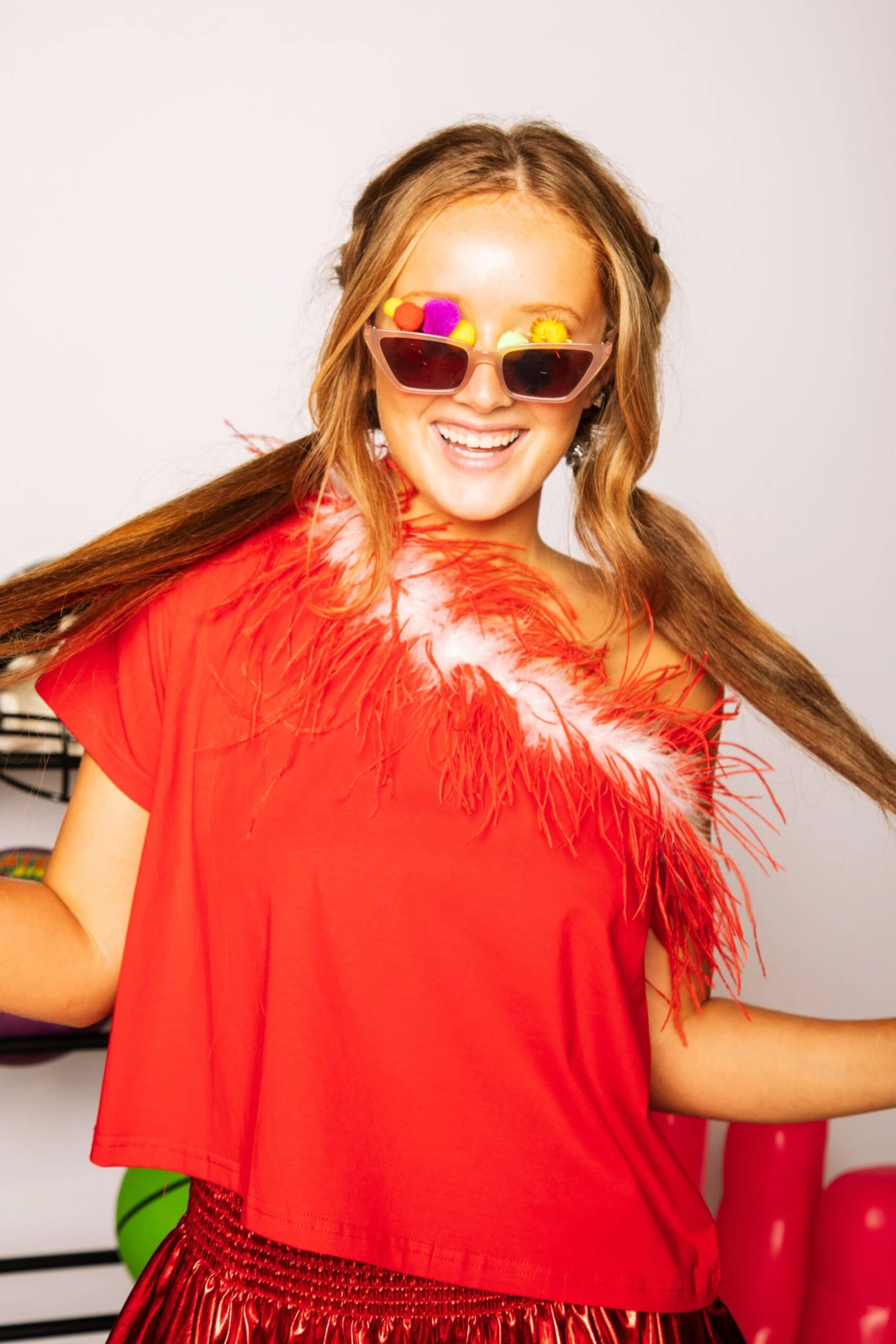 Red & White One Shoulder Feather Tee - Image 2