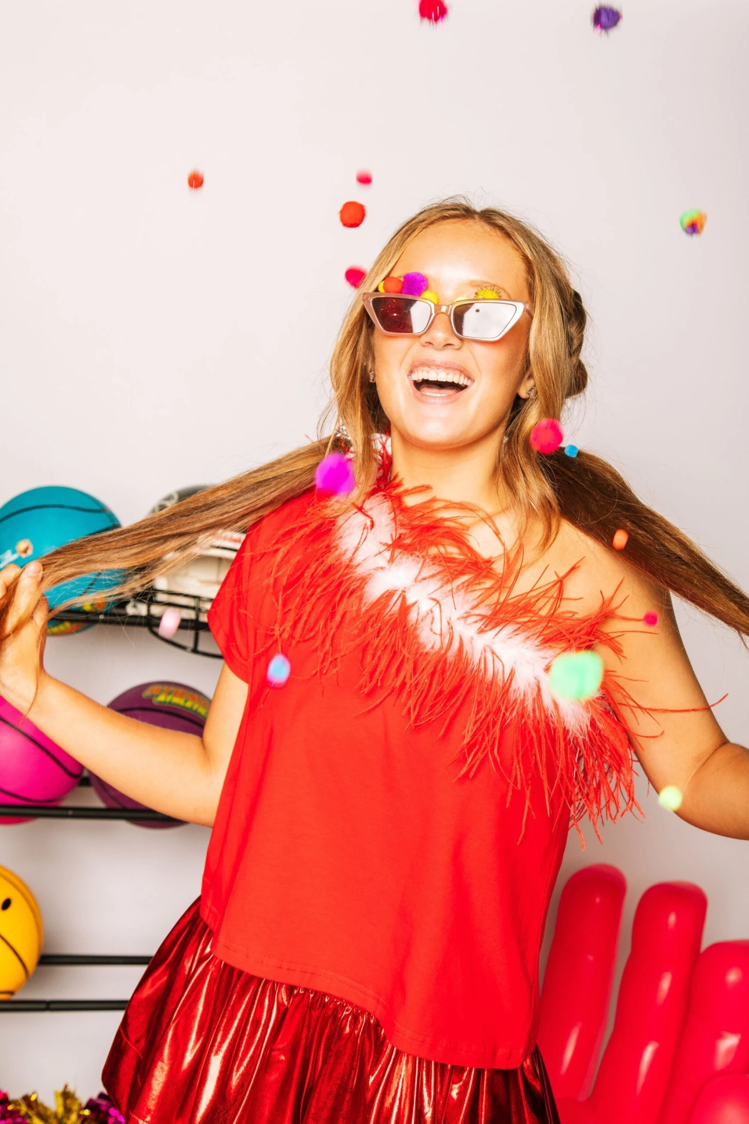 Red & White One Shoulder Feather Tee