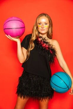 Black & Red One Shoulder Feather Tee