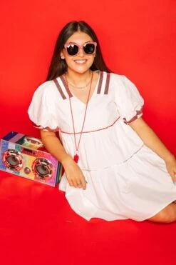 Queen Of Sparkles White & Crimson Poof Sleeve QOS Jersey Dress