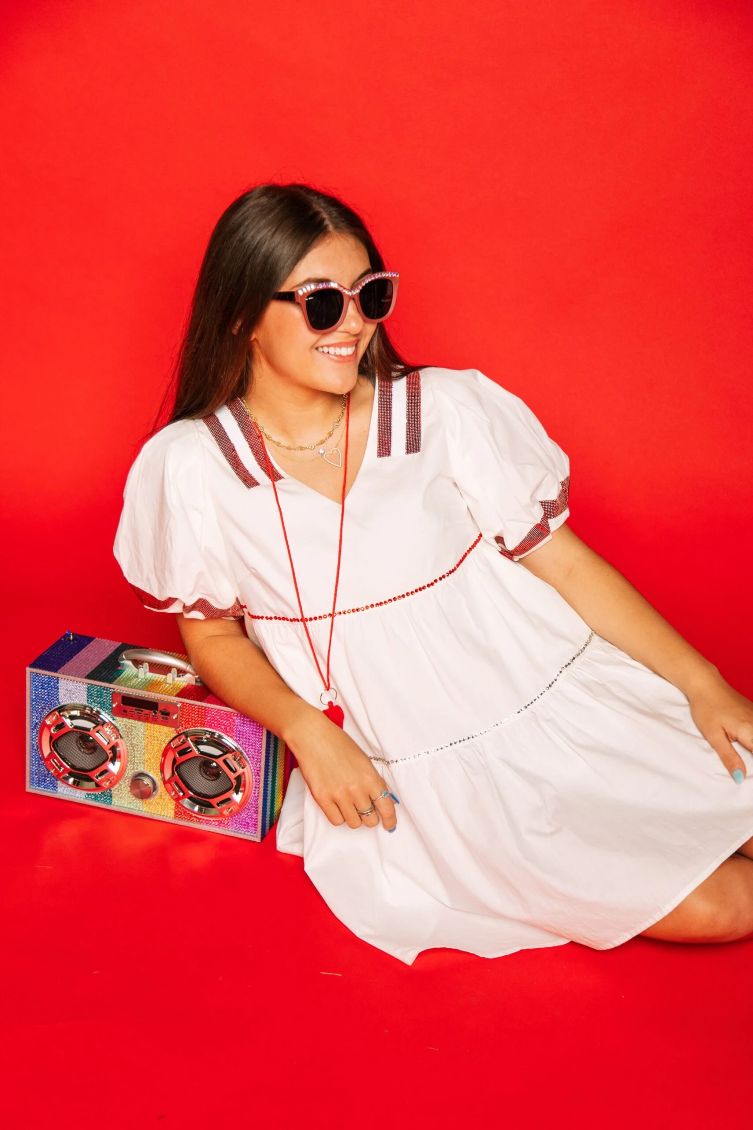 Queen Of Sparkles White & Crimson Poof Sleeve QOS Jersey Dress - Image 2