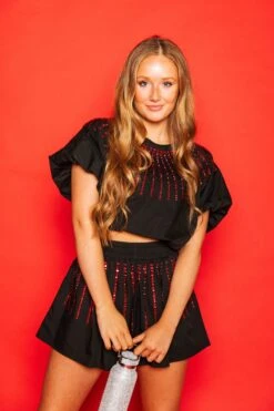 Queen Of Sparkles Black Cotton Bubble Top W/ Red Burst