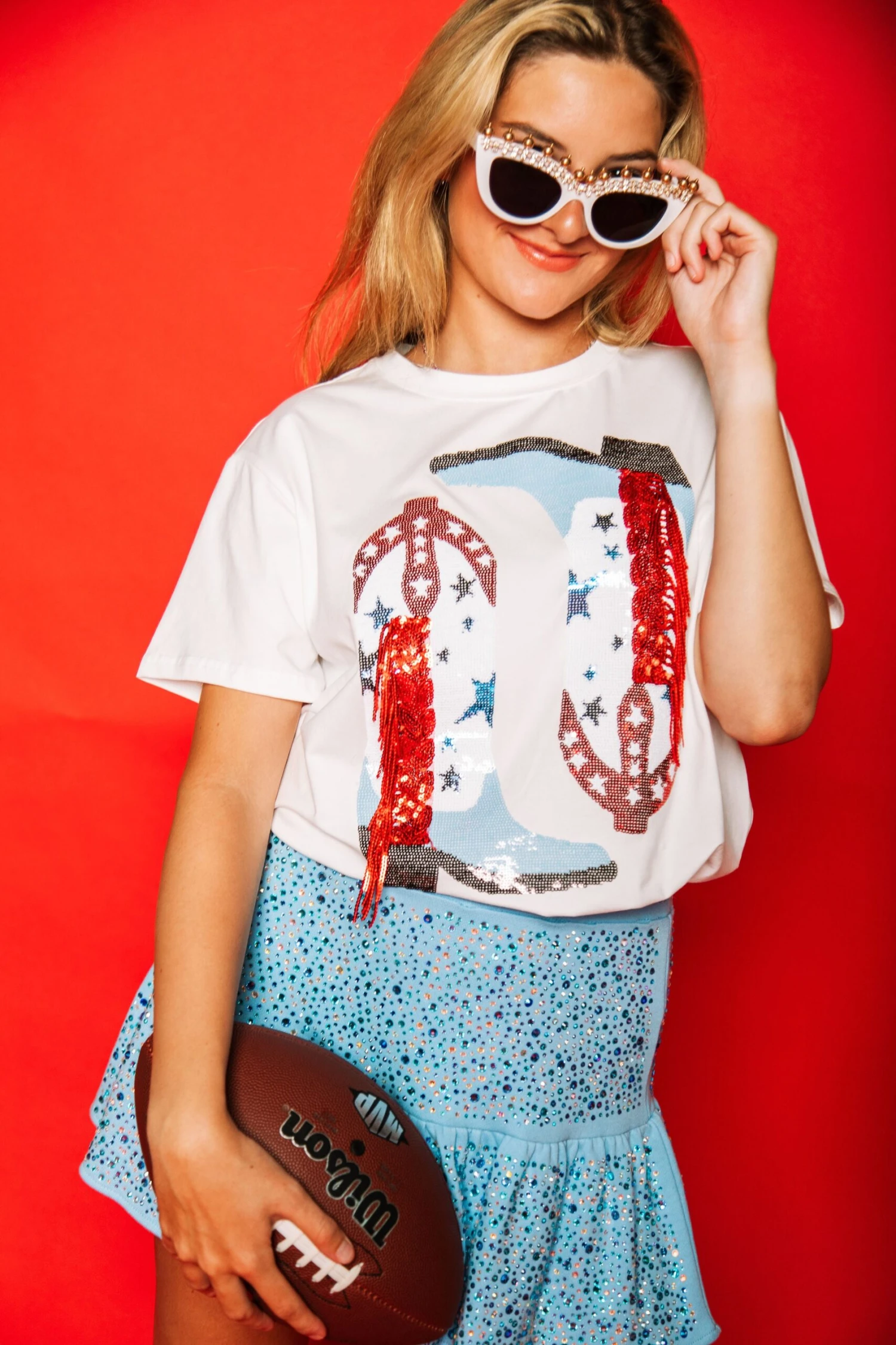 Queen Of Sparkles Powder Blue & Red Fringe Boot Tee - Image 2