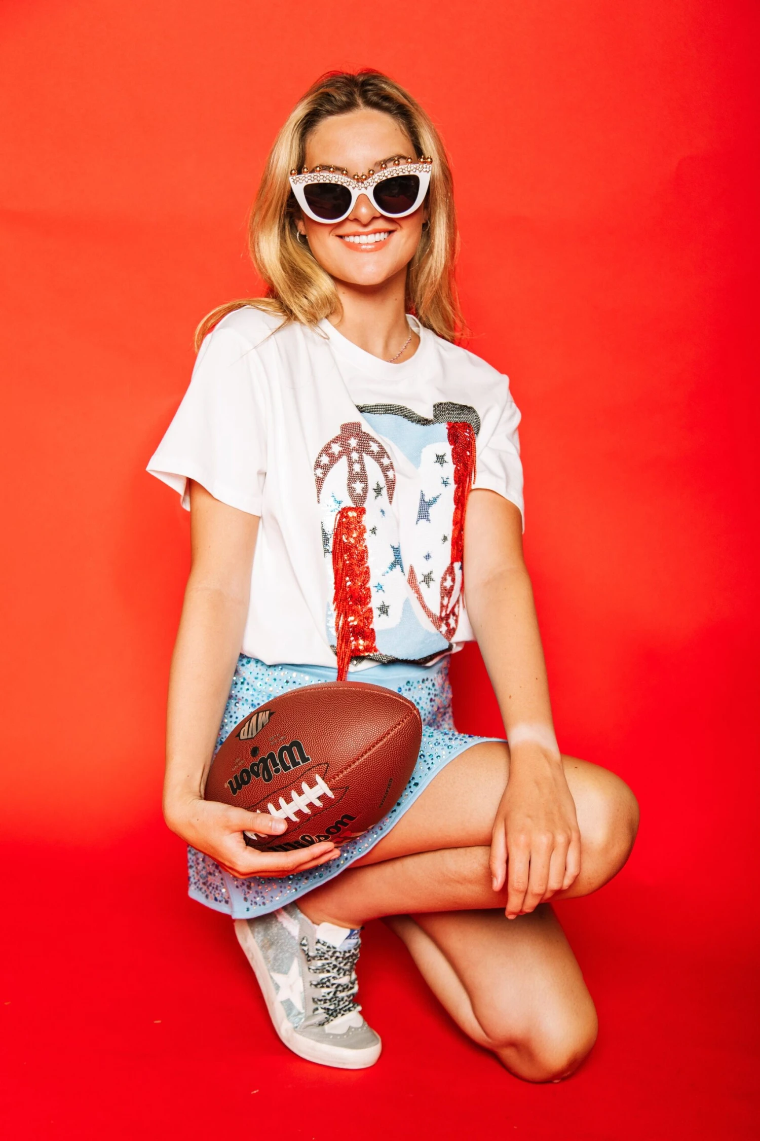 Queen Of Sparkles Powder Blue & Red Fringe Boot Tee - Image 5