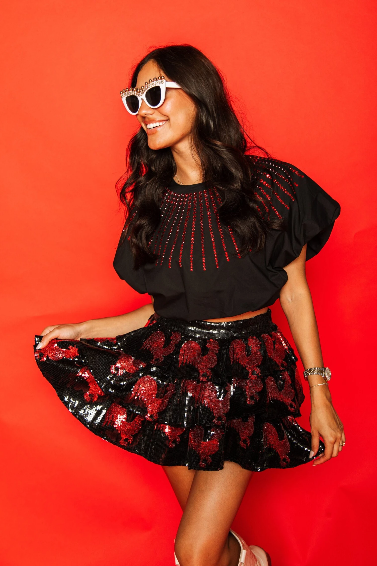 Queen Of Sparkles Black Tiered Sequin Skirt With Chickens - Image 4