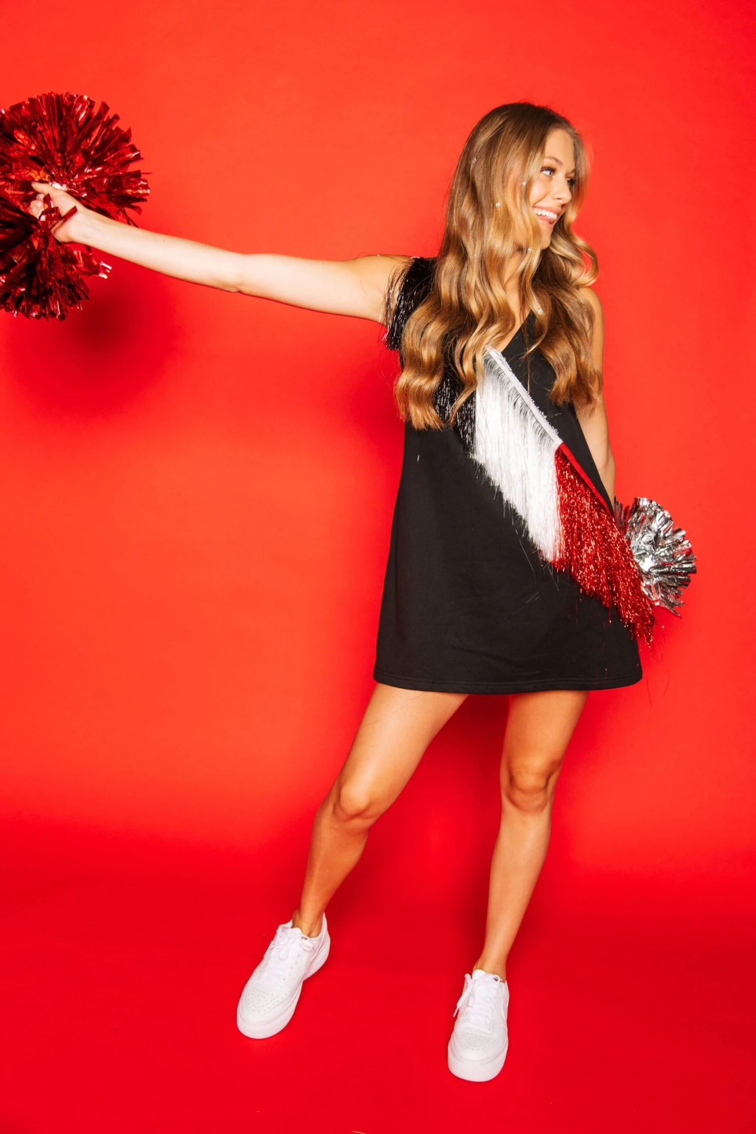 Queen Of Sparkles Black, White/Red Diagonal Fringe Dress - Image 4