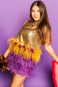 Queen Of Sparkles Gold Sequin Purple/Gold Feather Tank