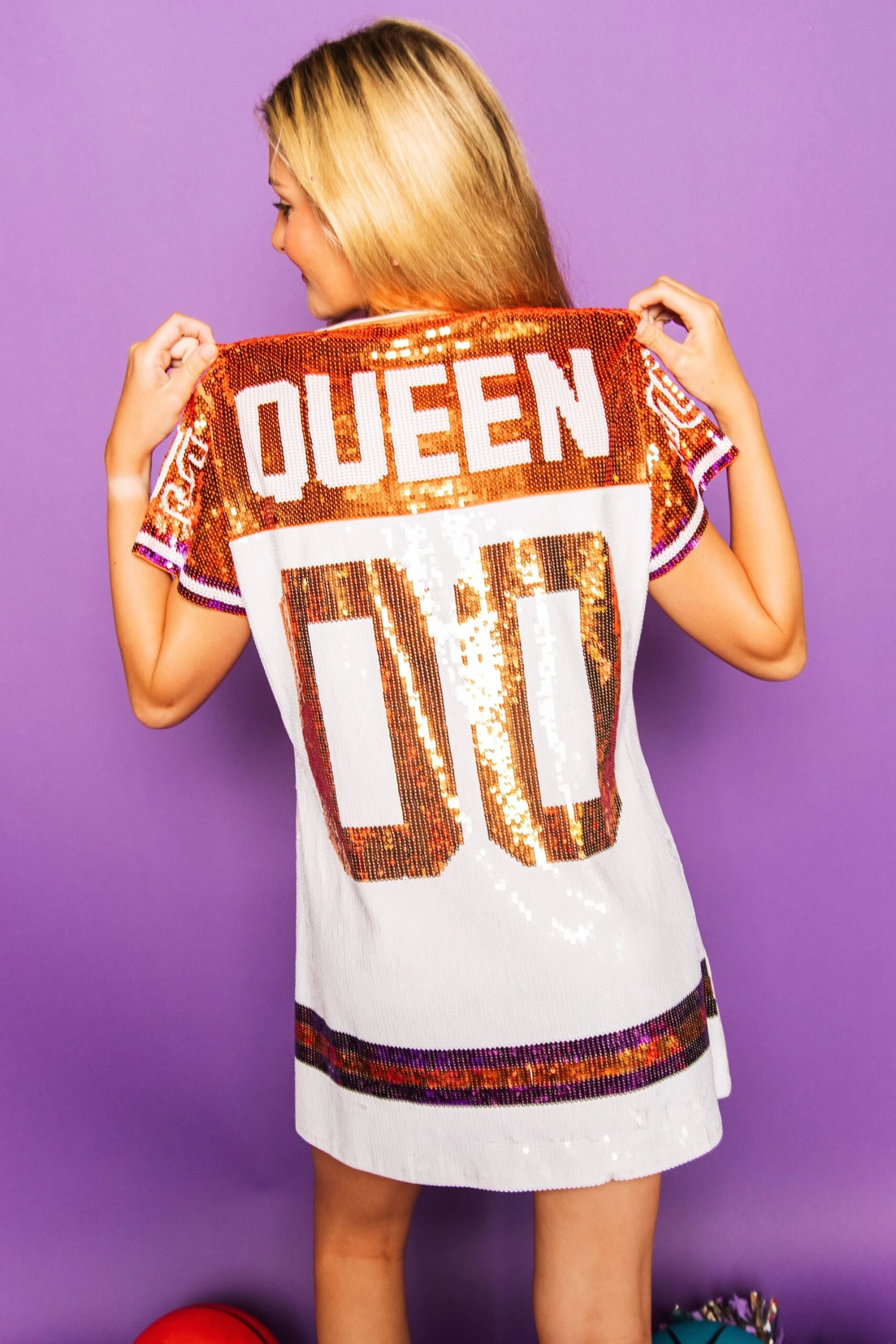 Queen Of Sparkles White, Orange/Purple Full Sequin Jersey Dress - Image 2