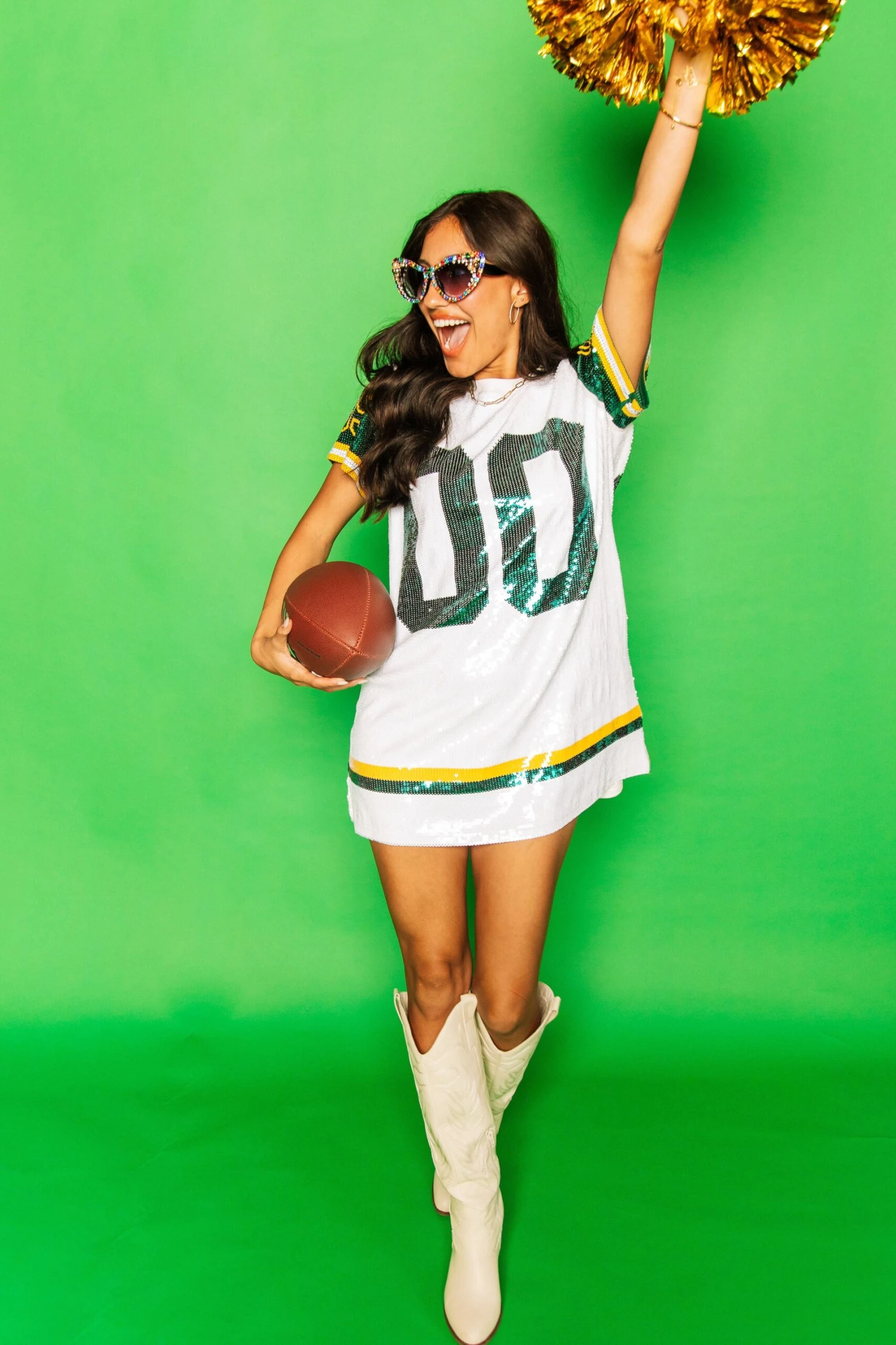 Queen Of Sparkles White, Green/Yellow Full Sequin Jersey Dress