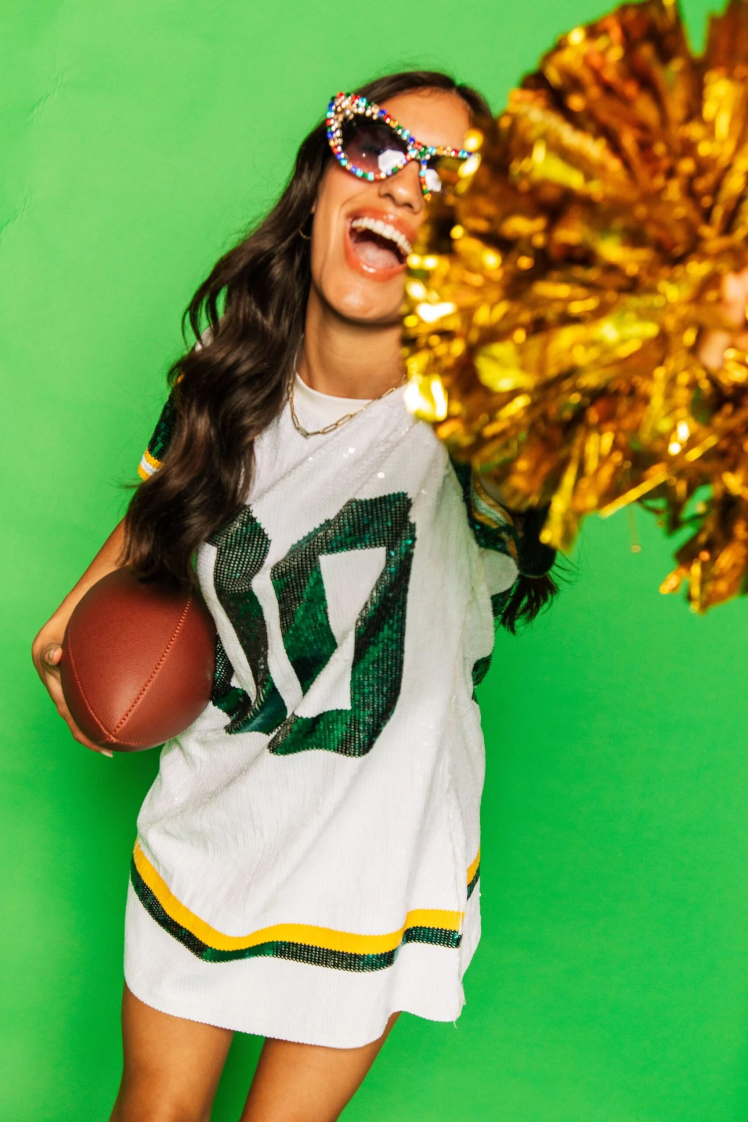 Queen Of Sparkles White, Green/Yellow Full Sequin Jersey Dress - Image 4