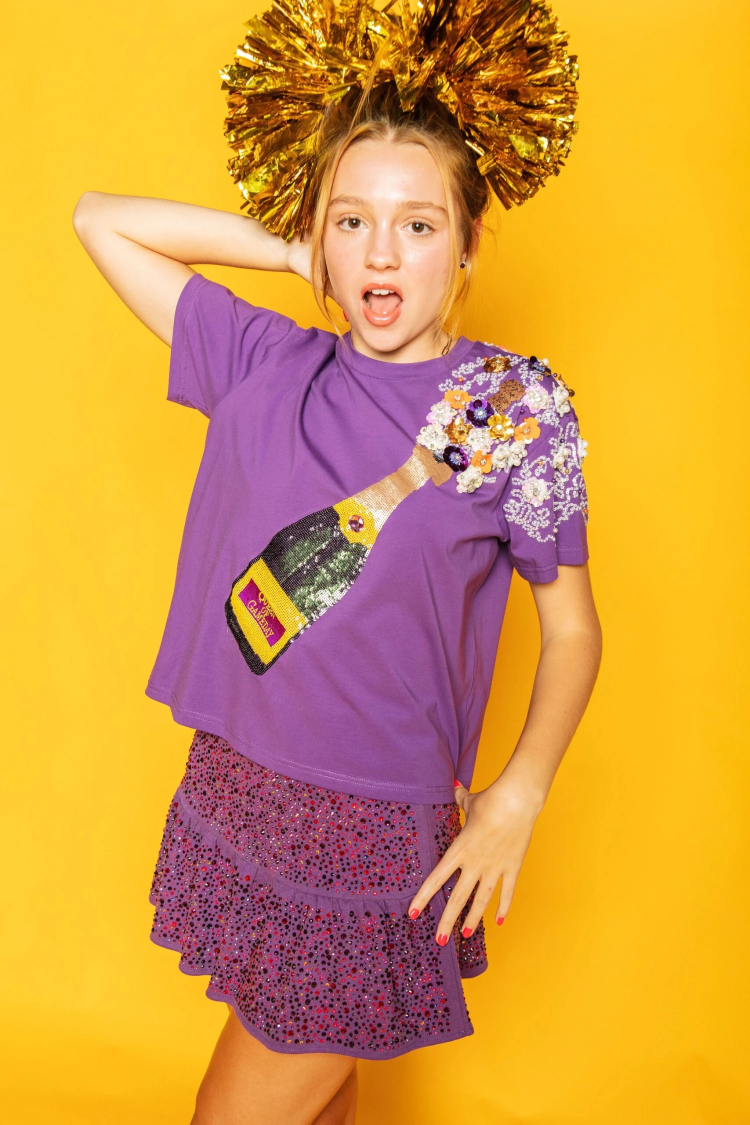 Queen Of Sparkles Purple & Yellow Popping Champagne Tee