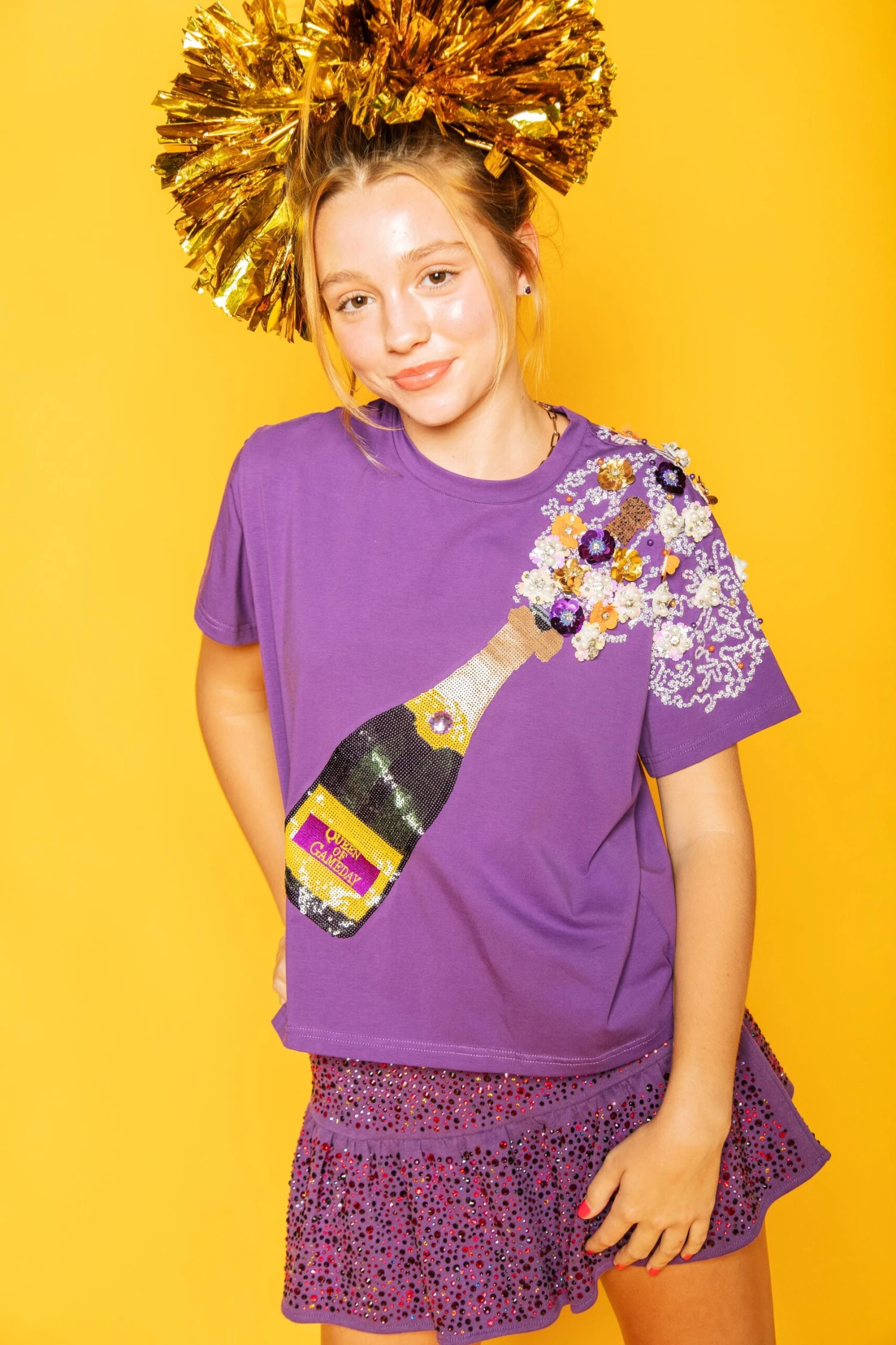 Queen Of Sparkles Purple & Yellow Popping Champagne Tee - Image 4
