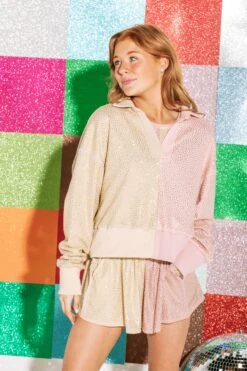 Queen Of Sparkles Rose/Beige Rhinestone Polo Sweatshirt