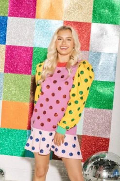 Queen Of Sparkles Colorblock Polka Dot Poof Sleeve Dress